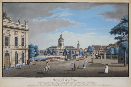 Vue de la Place de Armes prise du côté de la ville Neuve, en passant par le pont des Chiens avec l'Eglise du Dome (…), 1780
