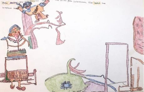 Merete Kaatz, ohne Titel, 2023, Fineliner, Buntstift und Klebeband auf Papier