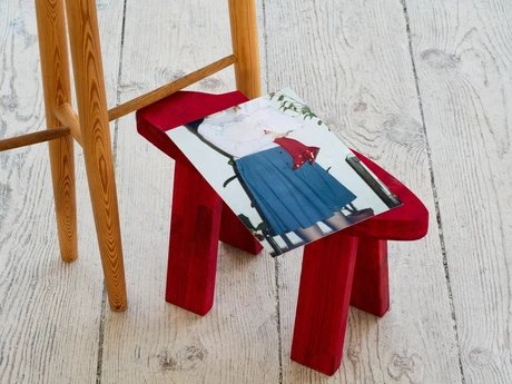 Ahu Dural, Roter Lackschuh, Berlin-Moabit, 2023, Holz, Beize, Fotoprint auf Karton