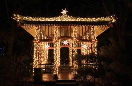 Lichtillumination am Tor im Christmas Garden Berlin bei Nacht