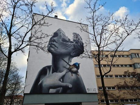 Streetart in Berlin: Dame mit Vogel von TANK