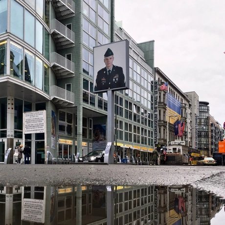 View of Checkpoint Charlie at Berlin Friedrichstraße