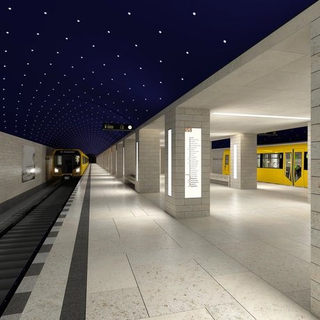 La stazione Museumsinsel della linea U5 con il cielo stellato blu 
