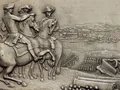HOSTIBUS PRIMO FUGATIS // BOSTONIUM RECUPERATUM XVII MARTII MDCCLXXVI. Washington zu Pferde links mit vier weiteren berittenen Offizieren. Vorne rechts am Boden zwei Kanonenrohre mit Kugeln, auf dem vorderen die Signatur DUVIV., und im Mittelgrund...