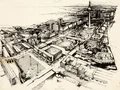 Dieter Bankert. Berlin, Stadtzentrum, Vogelschau, 1976, Tusche und Deckweiß auf Transparentpapier, 42 × 59 cm; IRS, Erkner