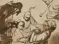 Rembrandt Harmensz van Rijn, Der klagende Jakob, dem der blutige Rock Jakobs gezeigt wird, Detail, um 1635/37, Feder und Pinsel in Braun, Deckweiß auf Papier