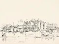 Wolfgang Wähnelt. Magdeburg, Blick über die Elbe nach Buckau, 1986, Tusche auf Papier, 21 × 30 cm