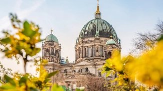 Berliner Dom in Berlin-Mitte mit Frühlingsblumen