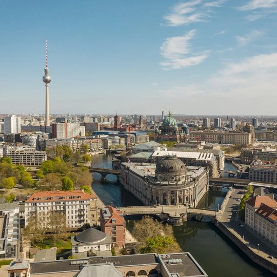 Germany, Berlin, Aerial view of Bode Museum with Fernsehturm Berlin in background