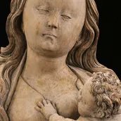 Neu erworbene Reliquienbüste (Maria lactans), Ulm, um 1520, Lindenholz, H. 23 cm, B. 19,5 cm, T. 13 cm, Skulpturensammlung, Inv. M 313 (Eigentum des Kaiser Friedrich Museumsvereins) (Detail)