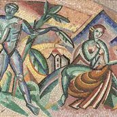 Cesar Klein / Vereinigte Werkstätten für Mosaik und Glasmalerei Puhl & Wagner, Gottfried Heinersdorff Akte in einer Landschaft, 1914 Glasmosaik auf Holz, in Stahlrahmen 81 x 134 cm Sammlung Esche