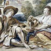 Jacob Jordaens, Schäferpaar (Detail), um 1640, Schwarze Kreide, Aquarell- und Deckfarben