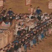 Unbekannte chinesische und europäische Hofmaler, Die Schlacht von Qurman (Fragment), Detail, Qing-Dynastie (1644 – 1911), Qianlong Ära (1736 – 1795), 1760, Hängerolle