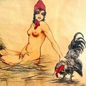 "Frau mit roter Mütze." Farb-Radierung von Ernst Busch