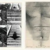 László Lakner, Ich nehme die Form der Treppe an, 1971, zweiteilig, Kohle auf Papier und Schwarz-Weiß-Fotografie
