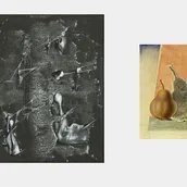 Yves Tanguy, Ohne Titel, 1946, Gouache auf schwarzem Papier / Max Ernst, Poire (Birne), 1925, Aquarell, Bleistift, Frottage auf Papier