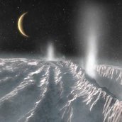 Künstlerische Darstellung von Cryovulkanismus auf Enceladus