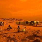Erste Menschen auf dem Mars (2019). Künstlerische Darstellung der ersten menschlichen Forschenden auf der Marsoberfläche