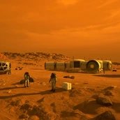 Erste Menschen auf dem Mars (2019). Künstlerische Darstellung der ersten menschlichen Forschenden auf der Marsoberfläche