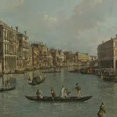 Giovanni Antonio Canal, Der Canal Grande mit Blick in südöstlicher Richtung auf die Rialtobrücke (Detail), 1758/62