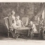 „Cabinet d´un peintre“ (Kabinett eines Malers), Radierung von Daniel Chodowiecki, 
Berlin, 1772 (von links nach rechts: Jeanne Barez, Jeanette, Susanne und Henriette Chodowiecka, Isaac Heinrich, Wilhelm und Daniel Chodowiecki)
