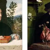 Giovanni Cariani, Bildnis eines Astronomen, Detail, um 1520 | Hans Holbein d. J., Der Kaufmann Georg Gisze, Detail, 1532