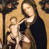 Gentile da Fabriano, Thronende Maria mit dem Kind, dem heiligen Nikolaus von Bari, der heiligen Katharina von Alexandrien und einem Stifter (Detail), um 1400/10