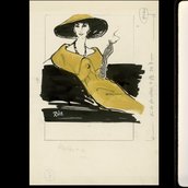 Rico Puhlmann, Bolero über schmal geschnittenem Kleid von Haller & Co., 1958, Illustration / Iman Abdulmajid mit Gold-Kleid von Mary McFadden, 1977, Farbdiapositiv