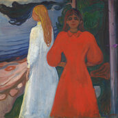 Das Kunstwerk „Rot und Weiß“ (1899–1900) von Edvard Munch zeigt zwei Personen, jeweils in einem hellroten und einem weißen Kleid. Der Hintergrund lässt auf der rechten Seite einen dichten Wald erahnen, auf der linken Seite einen Strand und das dahint