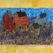 Ölpastell-Arbeit von Beverly Buchanan mit vier gezeichneten verschiedenfarbigen Häusern auf braun-blauem Hintergrund