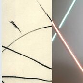 Abb. 1: Asako Tokitsu, Detail Thirty Two Lines, 2015, Abb. 2: Andreas Schmid, Detail -Looking for parallels – Empore 3/Gallery 3-, 2023