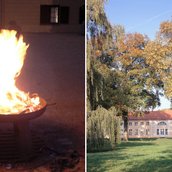 Feuerschale und Außenansicht von Schloss Paretz