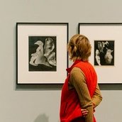 Eine besuchende Person steht vor zwei gerahmten schwarz-weiß Collagen von Raoul Hausmann.