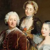Antoine Pesne, Selbstbildnis vor der Staffelei mit den Töchtern Henriette Joyard und Marie de Rège, Öl auf Leinwand, 1754