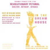 Flyer of the event with the same information as written on the website in yellow and red. Additionally there is a figure in profile, her arms are raised, she is carrying a prison window on her head, there are flames coming out of the window, the whol