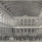 Stich von der Versammlung der Kaufläeute im dritten Berliner Börsenbau an der Burgstraße, um 1880 - vorn in der Mitte: Alexander Mendelssoh