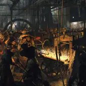 Adolph Menzel, Eisenwalzwerk (Moderne Cyklopen), 1872–1875, Öl auf Leinwand