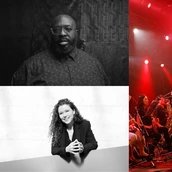 Porträt-Collage von Darius Jones, Sylvie Courvoisier und von der Otomo Yoshihide Special Big Band