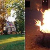 Außenansicht von Schloss Caputh und Feuerschale