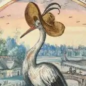 Allegorie: Storch mit Strohhut (vorläufiger Titel), Detail, Stammbuch des Michael Löchel von Nürnberg, 1587 – 1616