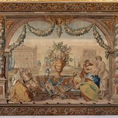 Galante Szene aus der Tapisserie-Serie „Italienische Komödie“, Manufaktur Charles Vigne, Berlin, um 1740. Schloss Charlottenburg, Zweite Hautelisse-Kammer