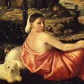 Giovanni Cariani, Bildnis einer ruhenden jungen Frau in einer Landschaft (Detail), ca. 1520/23