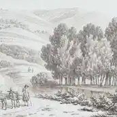 Daniël Dupré, Auf dem Weg von Tivoli nach Vicovaro, 1793, Feder und Pinsel in Braun über Vorzeichnung mit Bleistift