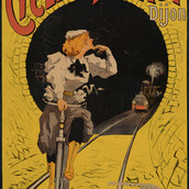 Ein gelbes Werbeplakat für Fahrräder von Francisco Nicolas Tamagno, Paris ca. 1895. Die Überschirft ist in Orangerot gehalten, das Motiv zeigt eine Dame um 19oo auf einem Fahrrad. Sie fährt in koketter Haltung auf Schiene, hinter ihr ein Bahntunnel, 