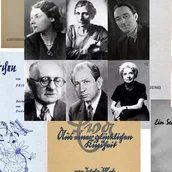 Collage aus sechs Schwarz-Weiß-Fotos von drei Männern und drei Frauen und Buchcovern