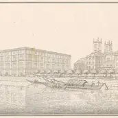 Karl Friedrich Schinkel, Perspektivische Ansicht der Allgemeinen Bauschule in Berlin, Sammlung Architektonischer Entwürfe, 1819–1840 Karl Friedrich Schinkel, Perspektivische Ansicht der Allgemeinen Bauschule in Berlin, Sammlung Architektonischer Entwürfe, 1819–1840