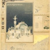 Otto Wagner, Präsentationsblatt zur Wiener Stadtbahn mit den Stationen Akademiestraße-Technik und Gumpendorfer Straße, 1898, Bleistift, Feder, Aquarell, Spritztechnik, Weißhöhungen, Goldfarbe, 64,8 × 46,2 cm