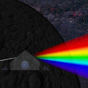 Pink Floyd Zeichen mit Regenbogen, Mond und Dreieck im Weltraum