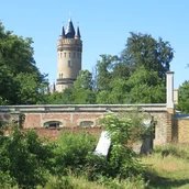 Historische Hofgärtnerei im Park Babelsberg mit Blick auf den Flatowturm