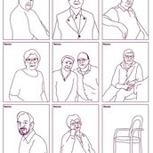 Neun schwarz-weiße Linienzeichnungen in einem Raster angeordnet. Acht zeigen jeweils eine sitzende Person in unterschiedlichen Posen und mit unterschiedlicher Kleidung, darunter Hemden, Blusen und Jacken. Die neunte Zeichnung zeigt einen leeren Stuhl